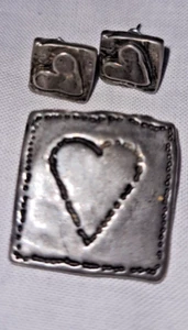 Sheridan Fine Pewter Heart Brooch Pin & Earrings Artisan Look - Picture 1 of 4