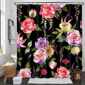 Elegant Vintage Floral Shower Curtain with Vibrant Roses on Black Background - Picture 1 of 4