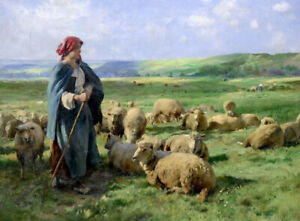 Oil painting A-Young-Shepherdess-Watching-over-Her-Flock-Julien-Dupré-canvas