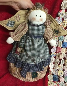 Vintage Country Angel Puppe gekleidet in blau Gingham hellbraun Streifen Patchwork Designs - Bild 1 von 6