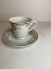 Vienna By Gibson Designs Footed Cup And Saucer Pink Flowers Green Leaves Japan