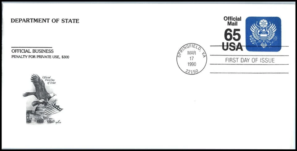 1990 Official Mail 65c stationery entire Sc UO80 ArtCraft FDC eagle & shield - Image 1 of 1
