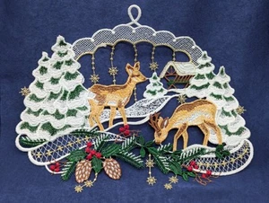 Vintage Plauener Spitze Window Lace Germany Winter Scene Snow Deer 11.5"x 9"  - Picture 1 of 11