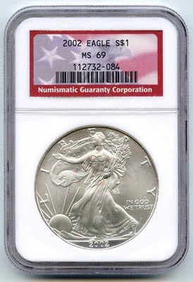 2002 American Eagle 1 Oncia Argento Dollaro NGC MS69 Certificato US Mint - Immagine 1 di 2