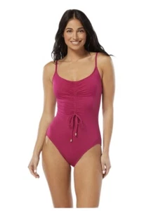 Vince Camuto Cinch Front V-Neck One-Piece Women's Bathing Suit, Raspberry Pink - Picture 1 of 2