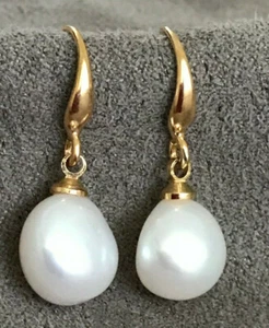 South Sea Natural White Baroque Pearl Earrings 12-10mm 18K Gold Plated - Picture 1 of 8