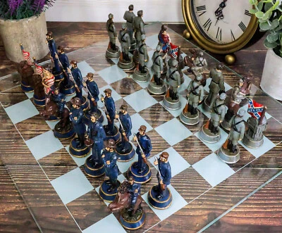 CIVIL WAR YANKEE NORTH AGAINST SOUTH REBELS CHESS PIECES AND GLASS BOARD SET - Image 1 of 4