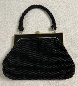 La Regale Ltd. Vintage Handbag Purse Black Beads w/Hinged Closure Gold Tone Trim - Picture 1 of 15