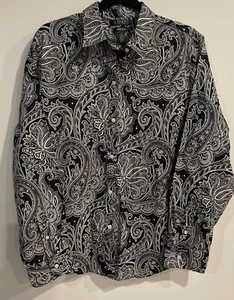 Lauren Ralph Lauren Women’s XL Paisley Black White Button Up Shirt Non Iron Top - Picture 1 of 4