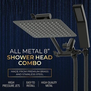 Black All Metal Square Shower Head Combo 8" Rain Shower Head | Handheld Shower - Picture 1 of 8