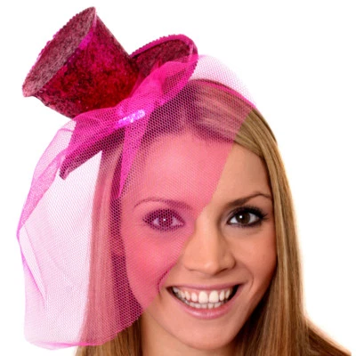 PINK MINI TOP HAT WITH NET GLITTER FASCINATOR FANCY DRESS ACCESSORY CHRISTMAS - Image 1 of 4