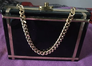Vtg Art Deco Black And Gold Acrylic Box Hard Purse Brass Snap Gold Chain Stamped - Picture 1 of 12