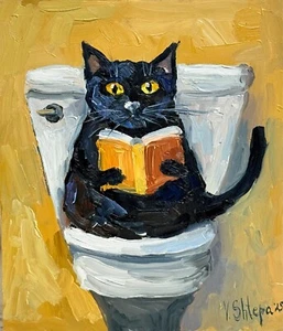 Lustige schwarze Katze auf der Toilette Original Ölgemälde Portrait Haustier Tier Kunst - Bild 1 von 7