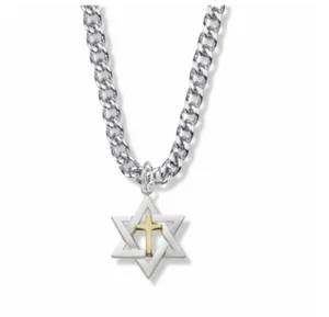 STERLING SILVER TWO TONE STAR OF DAVID WITH CROSS NECKLACE & CHAIN - Picture 1 of 1