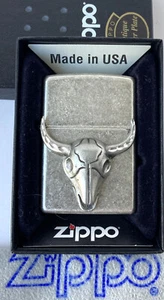 ZIPPO PREVIOUSLY COLLECTED Not Used BULL SKULL Lighter ANTIQUE SILVER PLATE 2012 - Picture 1 of 7