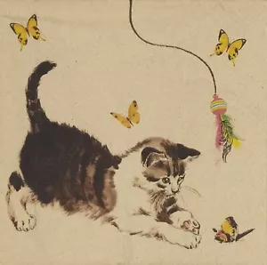 T590# 3 x Single Recycled Paper Napkins For Decoupage Cat Playing With Butterfly - Picture 1 of 10