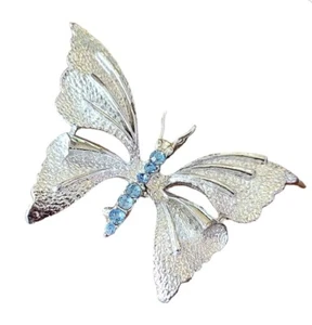 Gerrys Butterfly Brooch Vintage & Signed Silvertone W/ Blue Rhinestones  - Picture 1 of 6