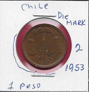 CHILE 1 PESO 1953 VF (BROKEN DIE BY DATE)#2 ARMORED BUST OF BERNARDO O'HIGGINS - Picture 1 of 2