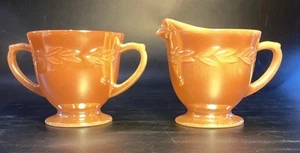 VTG PEACH LUSTER/LUSTRE WARE CREAM & SUGAR LAUREL LEAF FIRE KING ANCHOR HOCKING - Picture 1 of 11