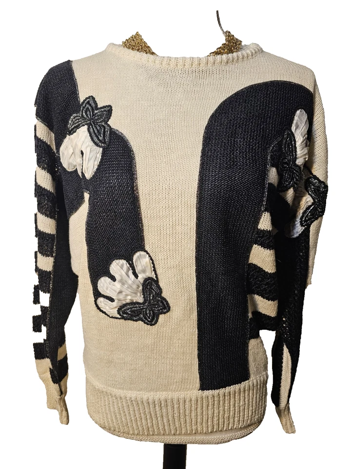 Suéter tejido italiano vintage Dino Valiano para mujer color crema negro mezcla de lino talla M Foto 1 de 4
