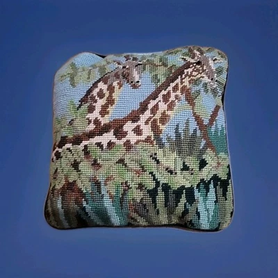 Needlepoint Wool throw Pillow. Giraffe Savanna 10” X 10” Velvet Zip  - Image 1 of 4