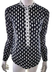 J.Crew Size 4 Black Popover Blouse Buttons Cotton 100% Long Sleeve Floral Leave - Picture 1 of 5