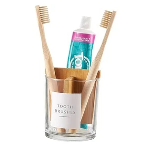 Soporte para cepillo de dientes y pasta de dientes de vidrio con divisor de bambú para baño - Imagen 1 de 8