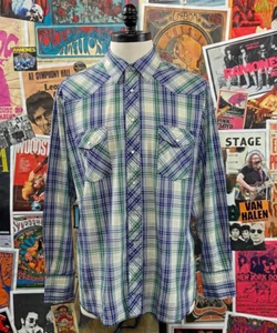 VTG Wrangler Western Shirt Men 2XL Blue Plaid Pearl Snap Button 90s Rodeo Cowboy - Picture 1 of 9