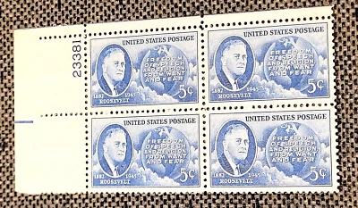 SCOTT#933 5¢ FDR and FOUR FREEDOMS-PLATEBLOCK-MNH/OG-F/VF-1945-BRIGHT BLUE - Image 1 of 2