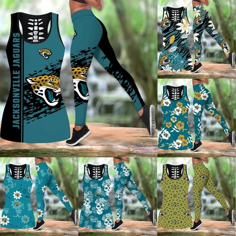 Jacksonville Jaguars 2PCS Women Outfits Tank Tops High Waist Leggings Yoga Pants Cover