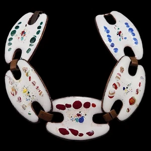 Vtg Enamel Copper MCM Bracelet Artist Palette White Link Blue Red Green 6" Read - Picture 1 of 11
