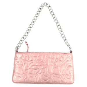Authentic CHANEL Camellia Chain Shoulder Small Pouch Leather Metallic Pink F/S - Picture 1 of 15
