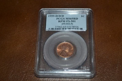 PCGS 1959 D/D/D GEM MINT STATE 65 RED LINCOLN CENT ERROR RPM FS-501 (FS-022.5) - Image 1 of 4