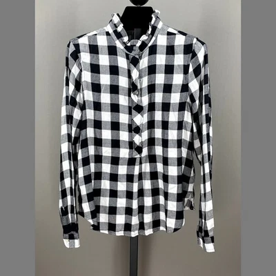 全新 Gap 衬衫女式小号黑色白色格子亨利纽扣上衣 — 第 1/4 张图片