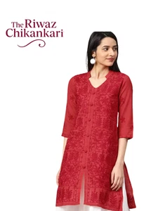 Roter Chikankari Baumwolle Kurti für Frauen | Wollfaden Handstickerei Kurti für Frauen - Bild 1 von 8