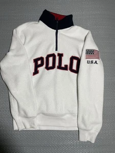 Ralph Lauren Jumper Mens Small White Fleece USA Flag Spell Out Pullover 1/4 Zip - Picture 1 of 8