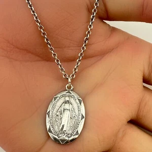 Vintage 925 Sterlingsilber religiöse Jungfrau Maria Anhänger Halskette 24" (10,1 g) - Bild 1 von 5