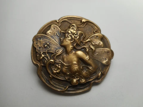 Curly Hair Fairy Art Nouveau w/ Ribbons & Flowers Vintage Button 1-3/16" Cover