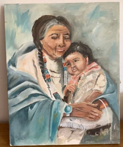 Native American Indian Woman, Baby/Child Original Oil Painting On Canvas 16 x 20 - Picture 1 of 3