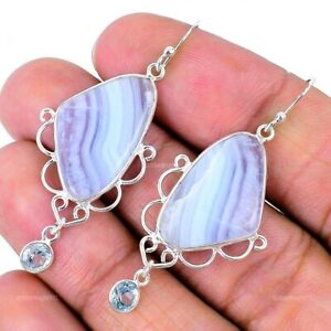 Natural Blue Lace Agate Gemstone Drop/Dangle Earrings 925 Sterling Silver
