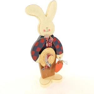 Wooden Rabbit Gardener Wood Carrotts Straw Sun Hat Easter Bunny - Picture 1 of 9