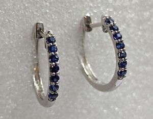 14K White Gold Blue Sapphire Earrings 0.42 ctw Hoops