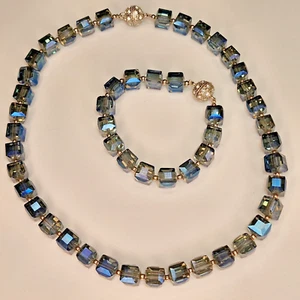 Vintage Blue Faceted Squared Crystal Collar Necklace & Bracelet Silver Tone EU - Bild 1 von 17