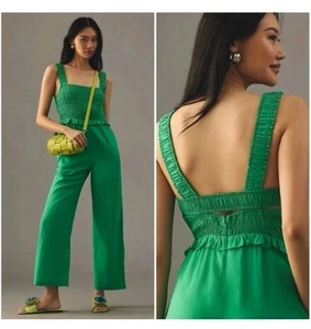 Anthropologie If By Sea Size L Jumpsuit Wide Leg Coastal Kelly Green Smocked NWT - Picture 1 of 15
