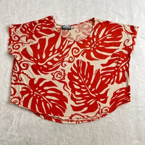 Manuhealii Shirt Top Womens XS Orange Beige Blouse Floral Hawaii Aloha Monstera - Picture 1 of 19