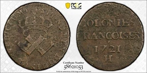 1721-H 9 Deniers PCGS genuine ED-XF French Colonies Copper Great Condition Rare - Picture 1 of 3