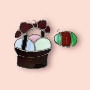 Stained Glass Sun Catcher Easter Egg Basket & Egg Vintage Homemade - Picture 1 of 16