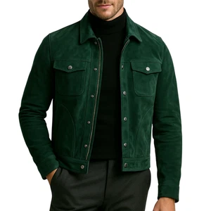 Men's Suede Leather Jacket Biker Green Colour Casual Real Sheepskin Suede Jacket - Picture 1 of 5