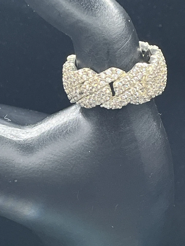 纯银 925 古巴链式嘻哈 CZ 大胆戒指 尺寸 9 男女皆宜 10 毫米 15.7 克 — 第 1/4 张图片