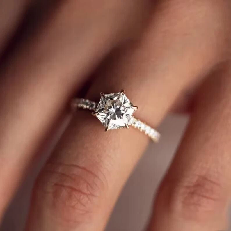 White Elongated Hexagon Cut Moissanite Three Stone Ring 18K Rose Gold Over 2 CT - Image 1 of 4